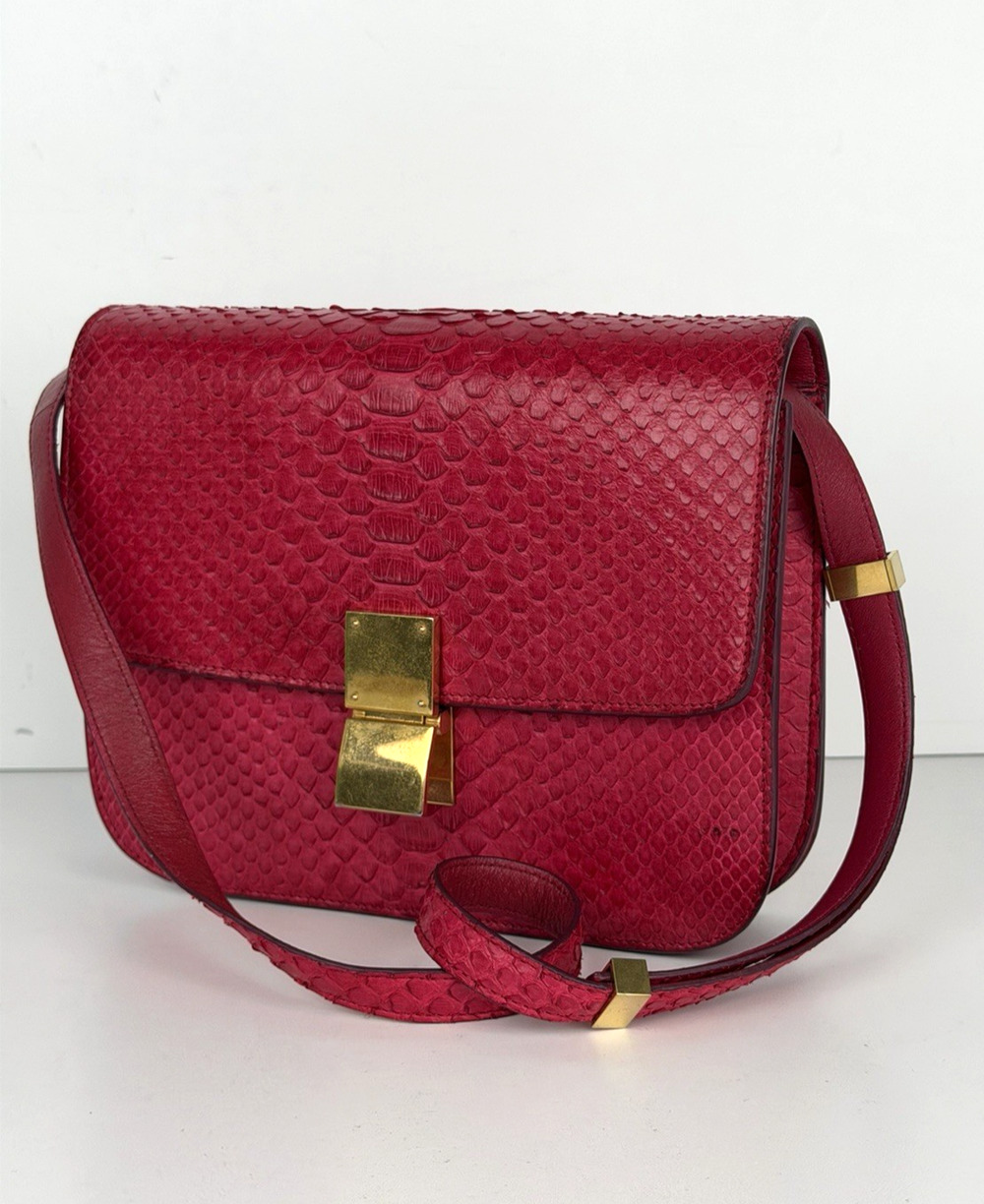 Celine Medium Classic Box Flap Shoulder Bag Red Python Leather Gold Hardware C-1